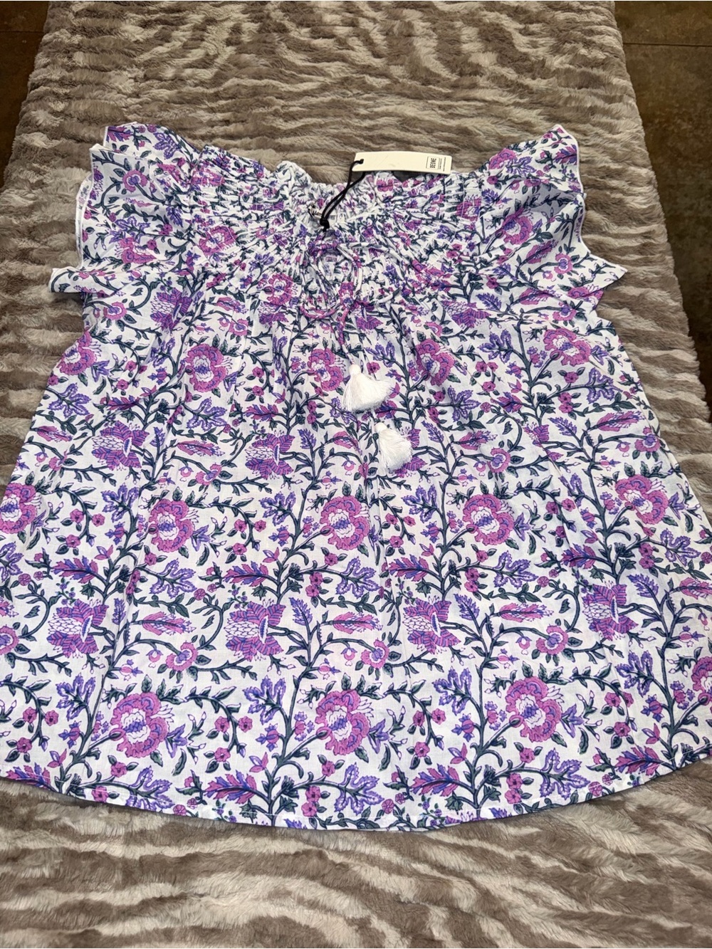 CELINA MOON White Blouse with Purple Floral Print and Tassel Detail